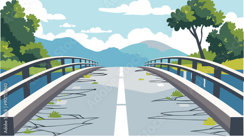 Cracked road leading broken bridge, structural failure, dangerous route. Collapse aftermath, impassable barrier, nature background, blue skies. Road damage concept, disaster scene artwork, vector