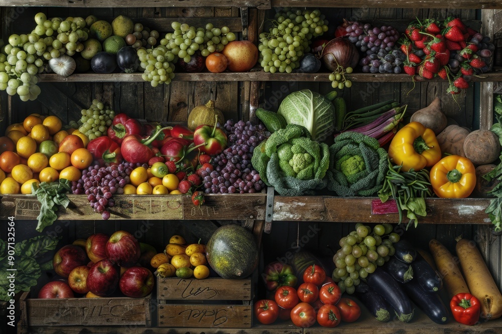 Rustic farmer's market display with an abundance of fresh, colorful produce Rustic farmer's market display with an abundance of fresh, colorful produce