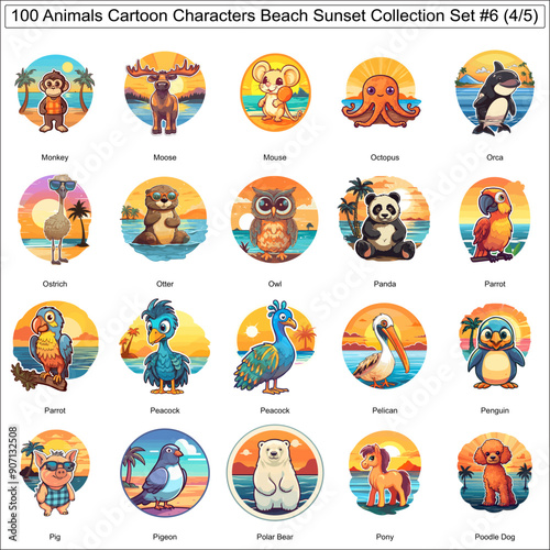 Colorful Cartoon Characters Animals on Beach Sunset Bundle Collection Set of 100 Animals Part 4