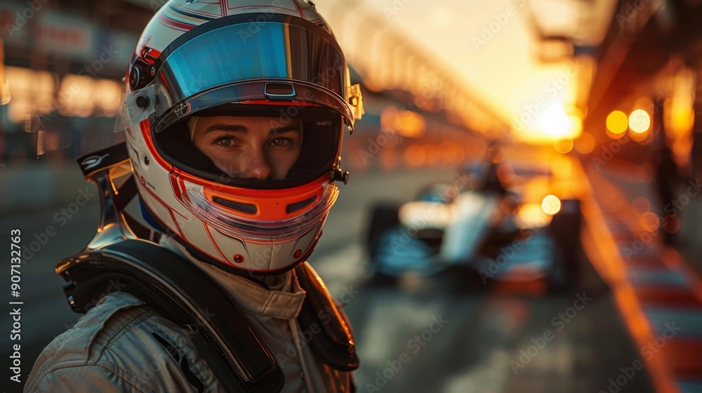 Racecar driver at sunset - generative ai Racecar driver at sunset - generative ai