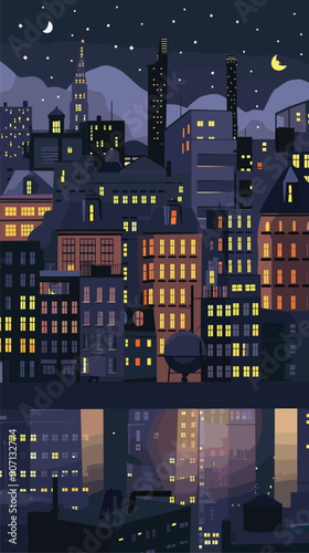 Night cityscape illustration featuring various buildings lit windows under starry sky crescent moon. Dark urban skyline characterized silhouettes skyscrapers, apartment blocks antenna. Graphics