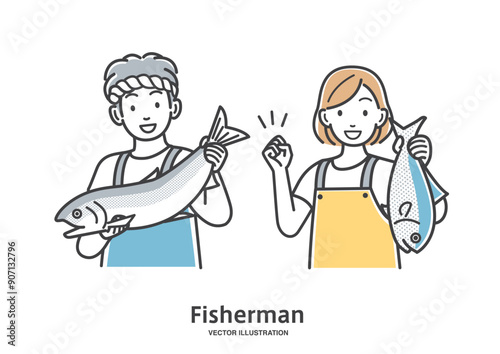 魚を持つ男性と女性の漁師の全身のイラスト