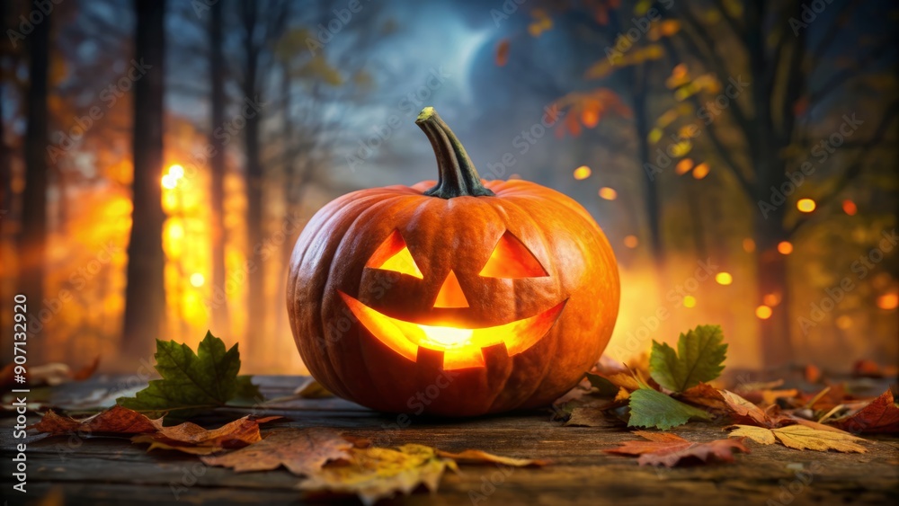 A bright orange jack-o-lantern with a cheerful, toothy grin and triangular eyes, lit up from within, against a dark and eerie autumnal background. A bright orange jack-o-lantern with a cheerful, toothy grin and triangular eyes, lit up from within, against a dark and eerie autumnal background.