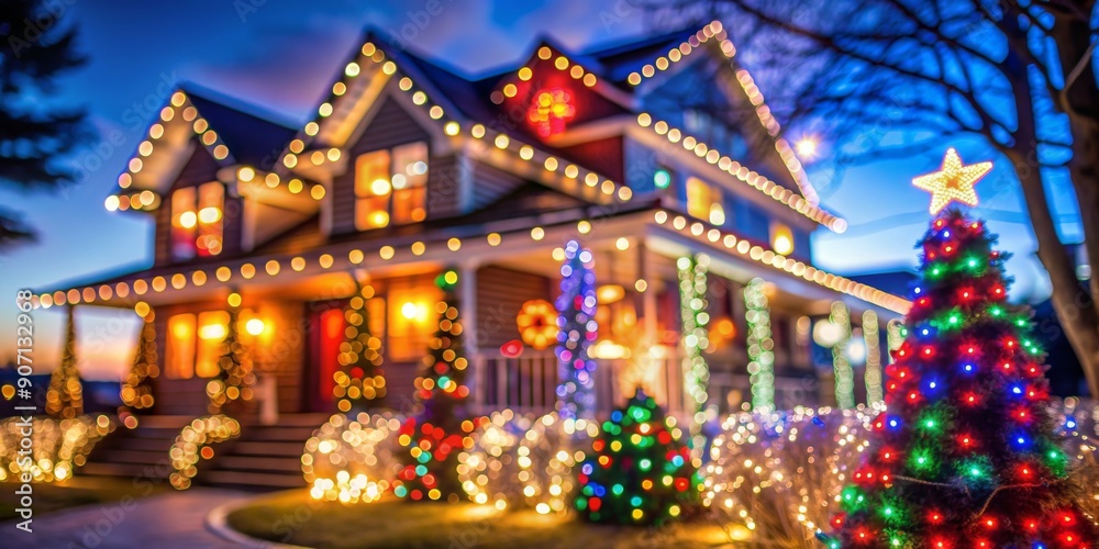 Blurred outdoor view of seasonal Christmas house lights decoration, festive, holiday, winter, exterior, glowing Blurred outdoor view of seasonal Christmas house lights decoration, festive, holiday, winter, exterior, glowing