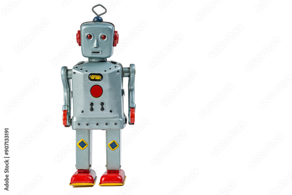 A very antique tin robot toy airplane isolated in white with clipping path.
Retro gray and red robot from decades ago.
A very antique tin robot toy airplane isolated in white with clipping path.
Retro gray and red robot from decades ago.