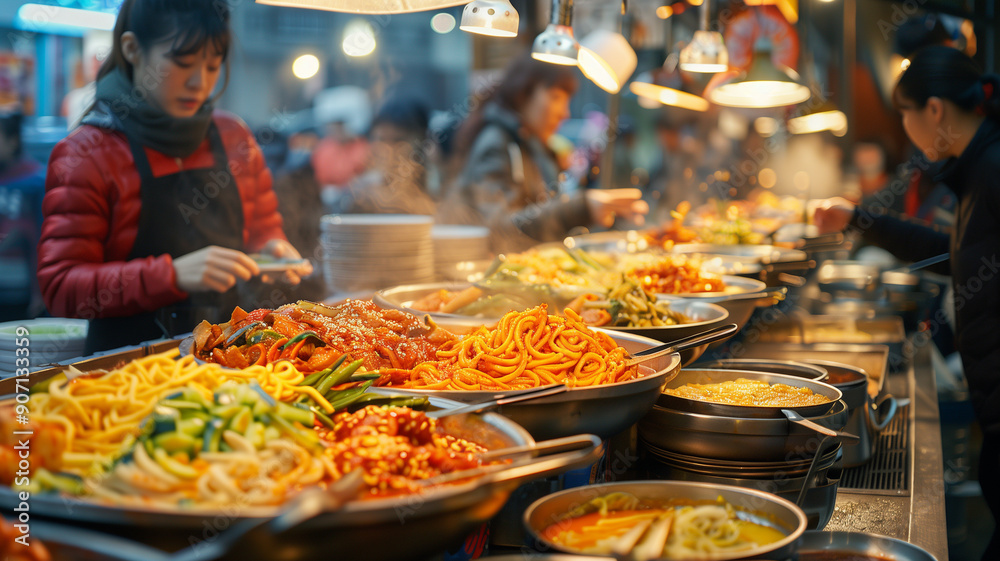 Obraz premium Korean street food market with vendors serving dishes