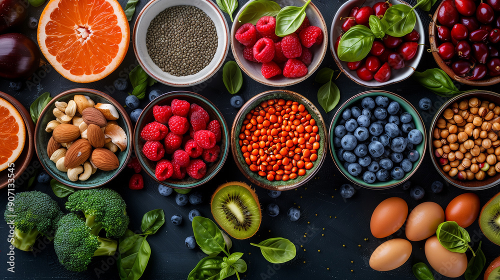 Top view of many bowls with different fruits and vegetables and nuts on table. Healthy eating and lifestyle concept. Generative AI Top view of many bowls with different fruits and vegetables and nuts on table. Healthy eating and lifestyle concept. Generative AI