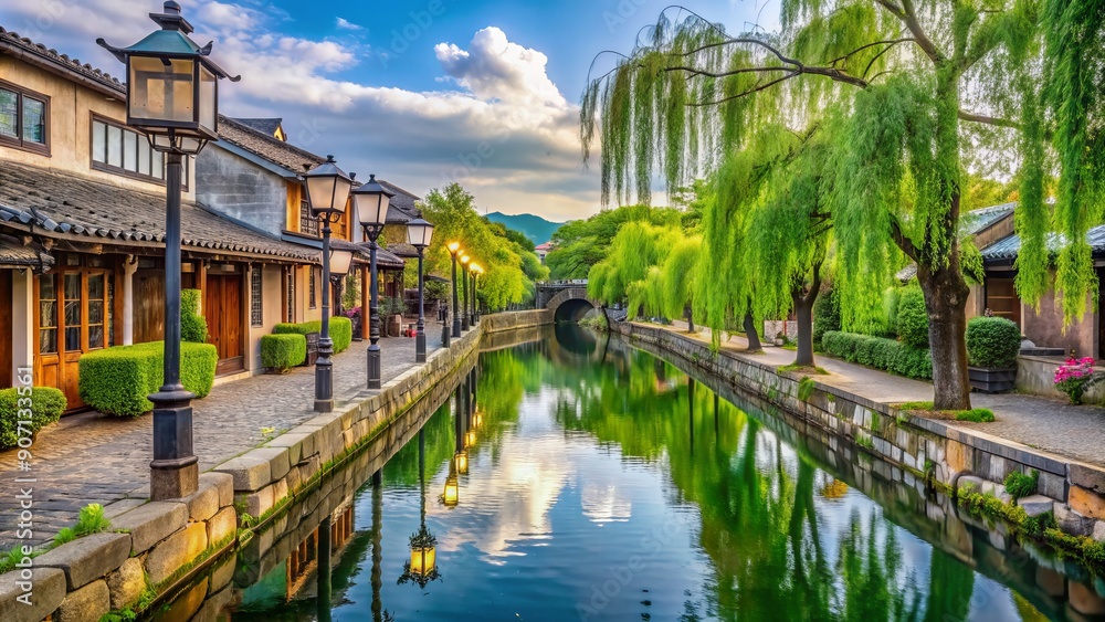 Traditional Japanese canal lined with willow trees, historic warehouses, and old-fashioned lampposts, surrounded by lush greenery in Kurashiki's nostalgic Bikan Historic Quarter. Traditional Japanese canal lined with willow trees, historic warehouses, and old-fashioned lampposts, surrounded by lush greenery in Kurashiki's nostalgic Bikan Historic Quarter.