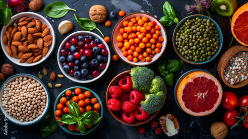 Top view of many bowls with different fruits and vegetables and nuts on table. Healthy eating and lifestyle concept. Generative AI