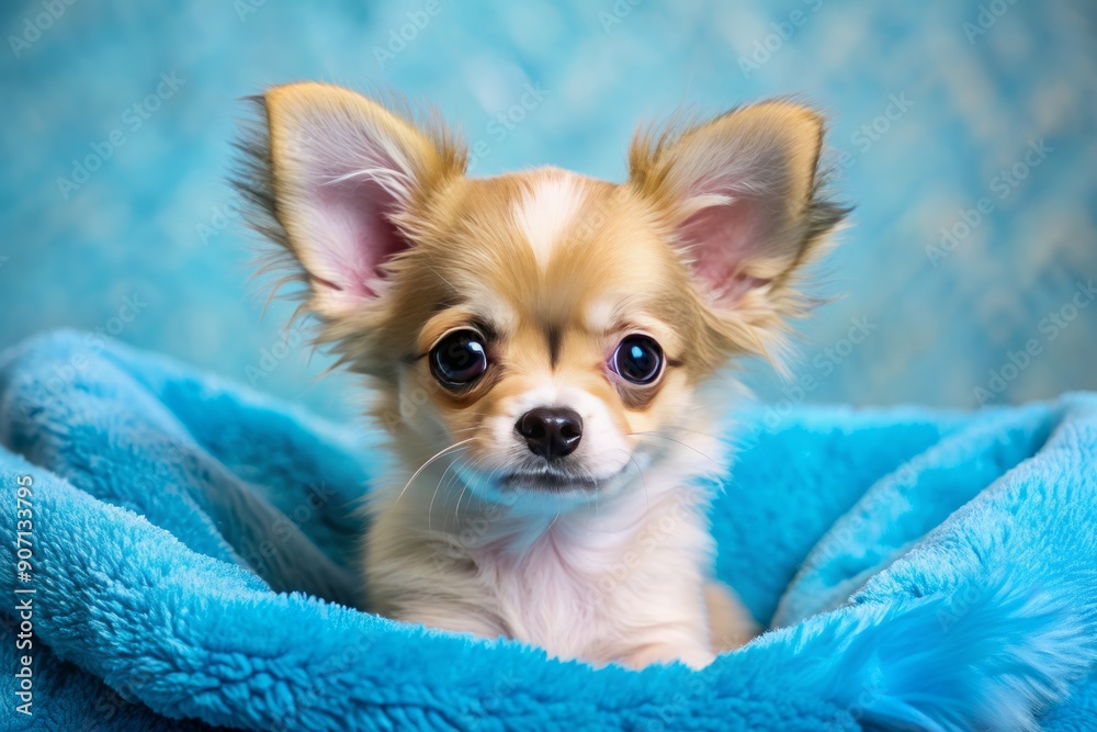 Adorable tiny Chihuahua puppy with big brown eyes and fluffy coat lies on a bright blue towel, showcasing innocence and cuteness in a calm pose.