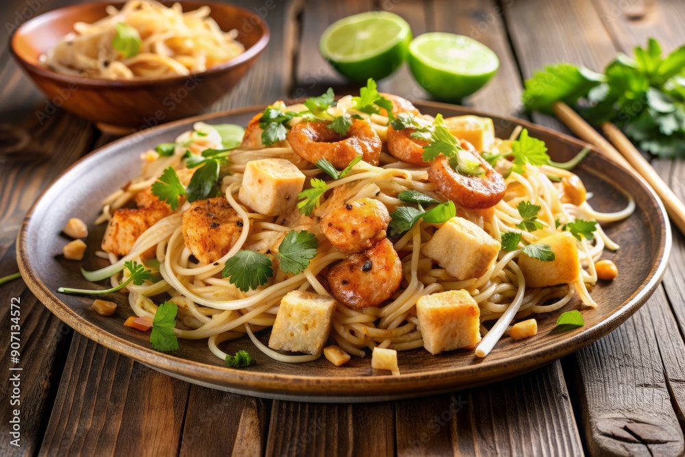 Savory pad thai noodles entwined with succulent shrimp, crispy tofu, crunchy bean sprouts, and toasted peanuts, garnished with fresh cilantro and a squeeze of lime. Savory pad thai noodles entwined with succulent shrimp, crispy tofu, crunchy bean sprouts, and toasted peanuts, garnished with fresh cilantro and a squeeze of lime.