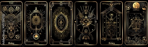 A grid of tarot card designs with a black and gold color scheme.