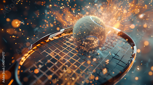 a dynamic moment in tennis, showing a close-up of a tennis ball hitting the strings of a racket. The impact is highlighted by an explosion of particles and a fiery effect