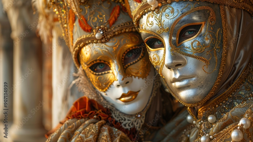 Venetian mask couple close-up - generative ai Venetian mask couple close-up - generative ai
