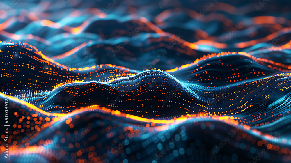 a dynamic, flowing landscape made up of numerous illuminated points and lines, creating a sense of undulating waves a dynamic, flowing landscape made up of numerous illuminated points and lines, creating a sense of undulating waves