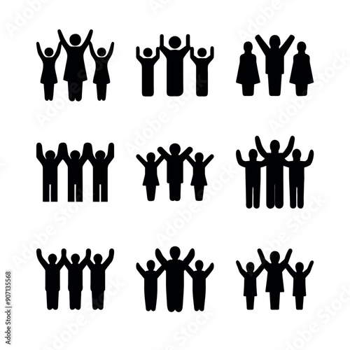 People rising and lifting their hands in gloom, worshiping God. Vector collection
