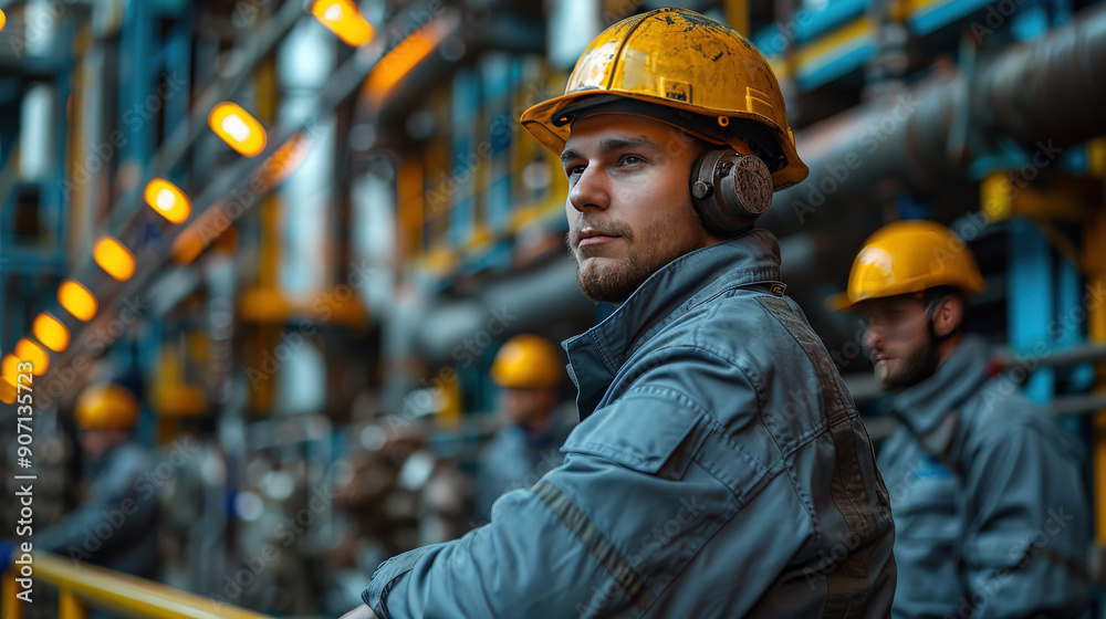 Worker uniform industrial plant, makes survey, checking equipment against background Worker uniform industrial plant, makes survey, checking equipment against background