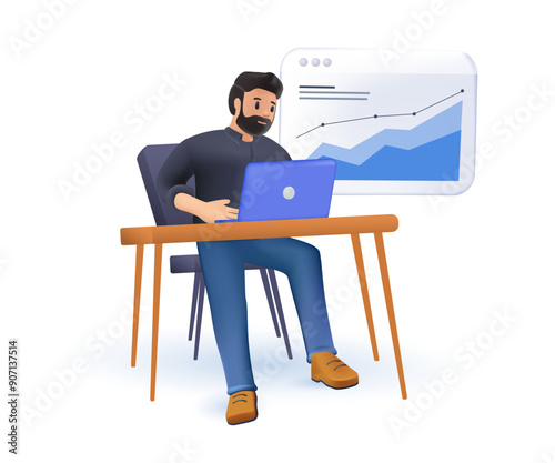Businessman marketer working at the computer in the office, vector 3D illustration of programmer, business analyst