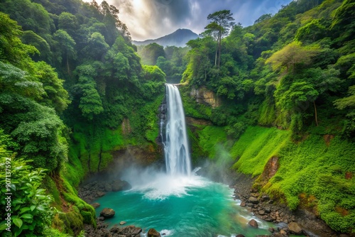 Vibrant green rainforest surrounds a breathtaking waterfall, cascading 100 feet down a rugged rockface, misty veil rising from the pool below in tropical Costa Rica.