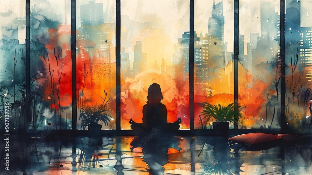 Meditation silhouette against vibrant cityscape - generative ai Meditation silhouette against vibrant cityscape - generative ai