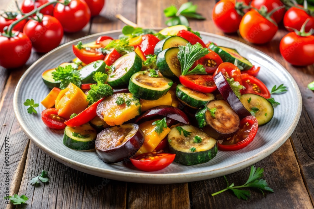 Vibrant arrangement of roasted eggplant, zucchini, bell peppers, and tomatoes, seasoned with fresh herbs, served elegantly on a white ceramic plate. Vibrant arrangement of roasted eggplant, zucchini, bell peppers, and tomatoes, seasoned with fresh herbs, served elegantly on a white ceramic plate.