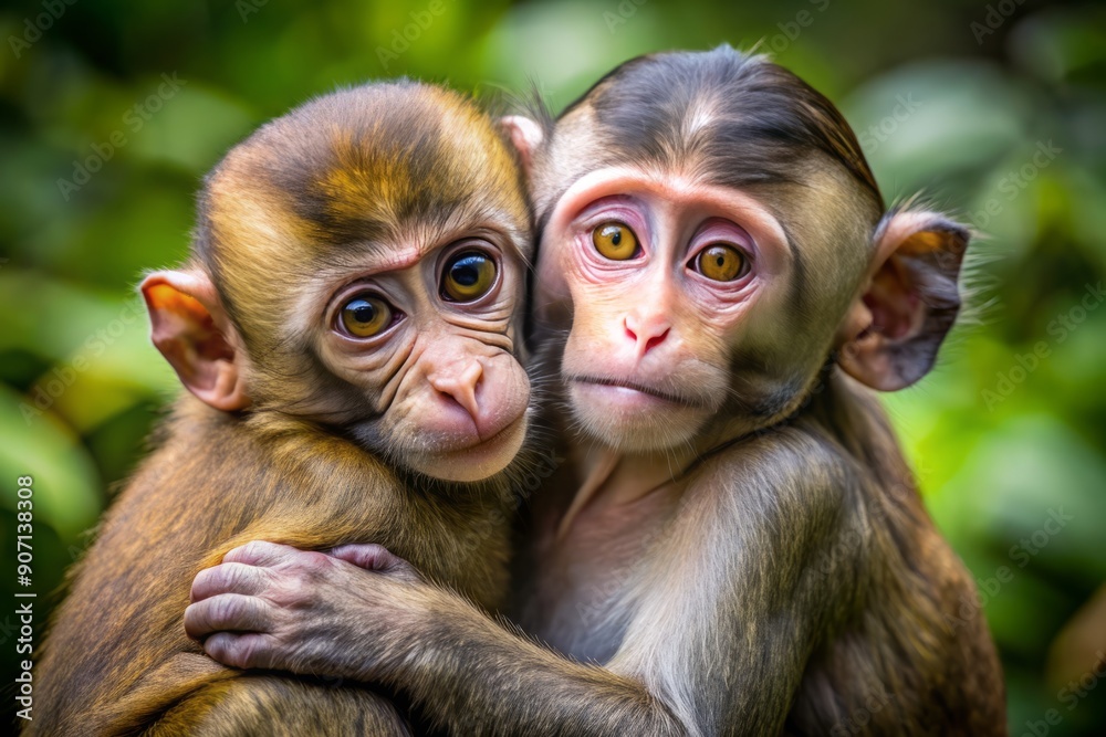 A tender moment of affection in the jungle as a curious baby monkey snuggles securely in the warm, comforting embrace of a gentle adult companion. A tender moment of affection in the jungle as a curious baby monkey snuggles securely in the warm, comforting embrace of a gentle adult companion.