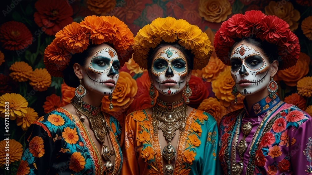 A group of people dressed and made up for the traditional Mexican day of remembrance of all the dead, Día de Muertos A group of people dressed and made up for the traditional Mexican day of remembrance of all the dead, Día de Muertos