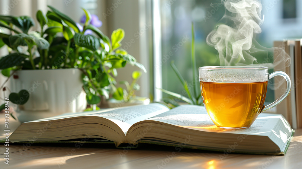 Reading with Herbal Tea: A cozy nook with an open book, a steaming cup of herbal tea, and a plant in the background, all bathed in soft morning light, with copy space Reading with Herbal Tea: A cozy nook with an open book, a steaming cup of herbal tea, and a plant in the background, all bathed in soft morning light, with copy space