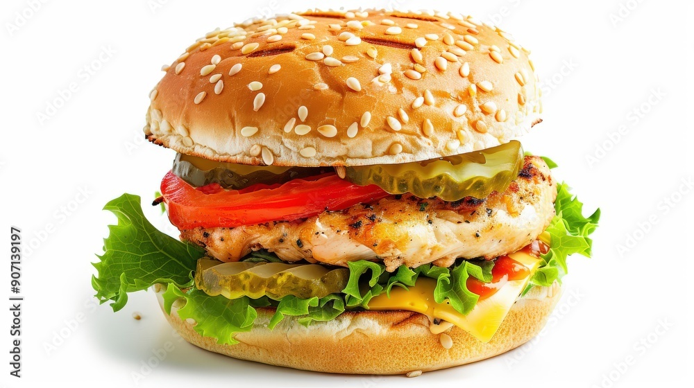 Mouth-Watering Chicken Burger with Cheddar and Fresh Veggies Mouth-Watering Chicken Burger with Cheddar and Fresh Veggies