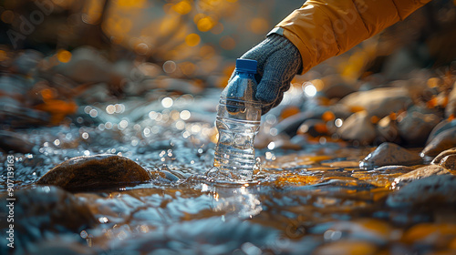 Wallpaper Mural Person collecting plastic waste from lake, wearing protective gloves holding trash bag. Torontodigital.ca
