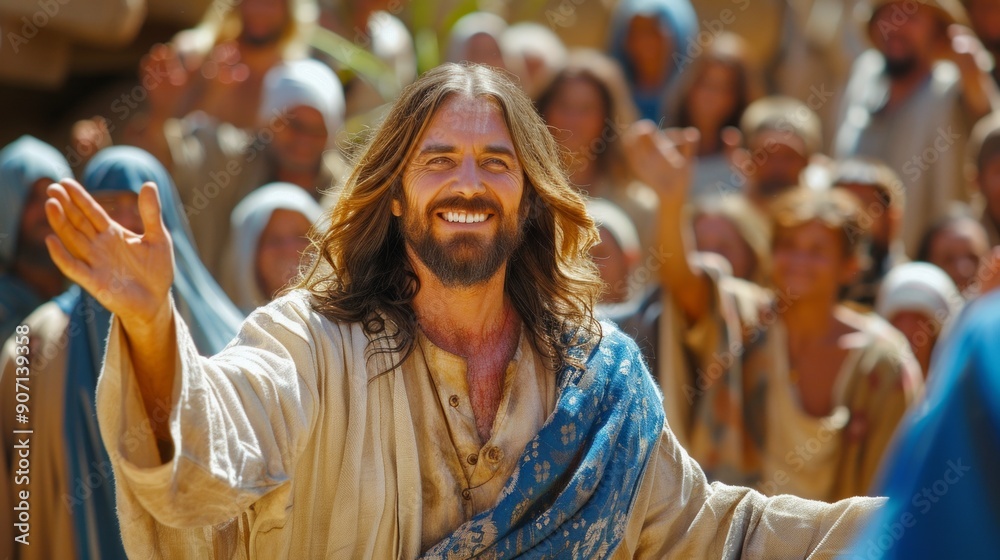 Jesus Christ, with long brown hair and a beard, smiles warmly as he reaches out his hand to a crowd of people in a Middle Eastern city. Jesus Christ, with long brown hair and a beard, smiles warmly as he reaches out his hand to a crowd of people in a Middle Eastern city.