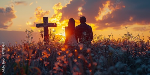 A couple prays together in a field in front of a cross as the sun sets.