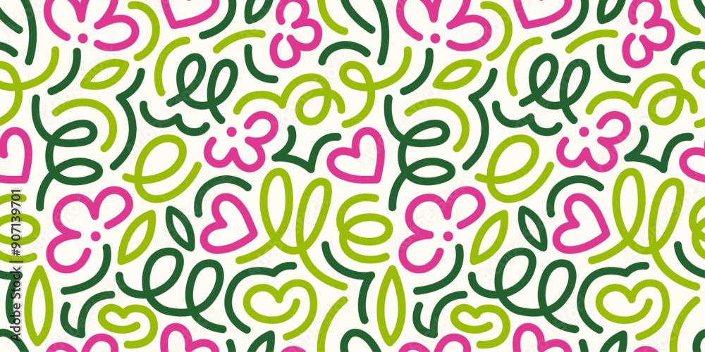 A fun spring seamless pattern featuring line doodles. Funky background with pink flowers and green foliage in modern doodle linear style. Ideal for banner design, postcards, advertising, and textile. A fun spring seamless pattern featuring line doodles. Funky background with pink flowers and green foliage in modern doodle linear style. Ideal for banner design, postcards, advertising, and textile.