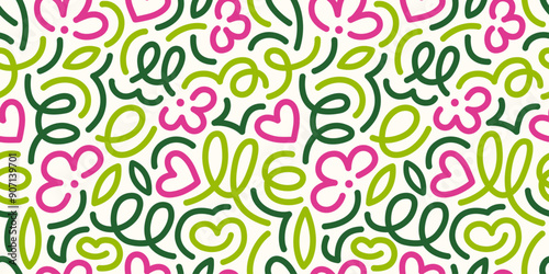 A fun spring seamless pattern featuring line doodles.  Funky background with pink flowers and green foliage in modern doodle linear style. Ideal for banner design, postcards, advertising, and textile.