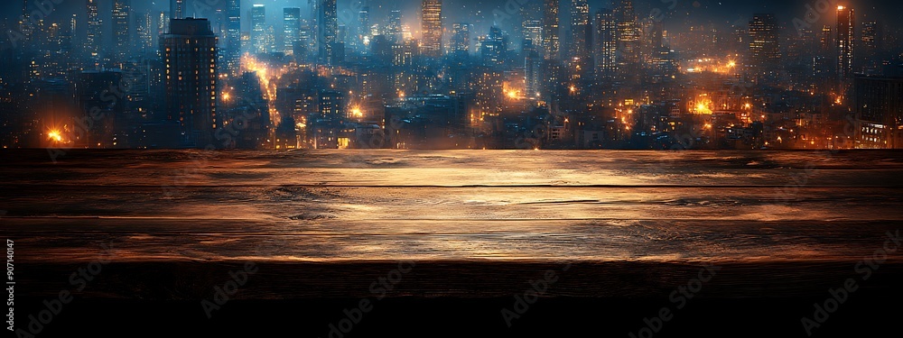 Wooden Table with Blurred City Lights Background Wooden Table with Blurred City Lights Background