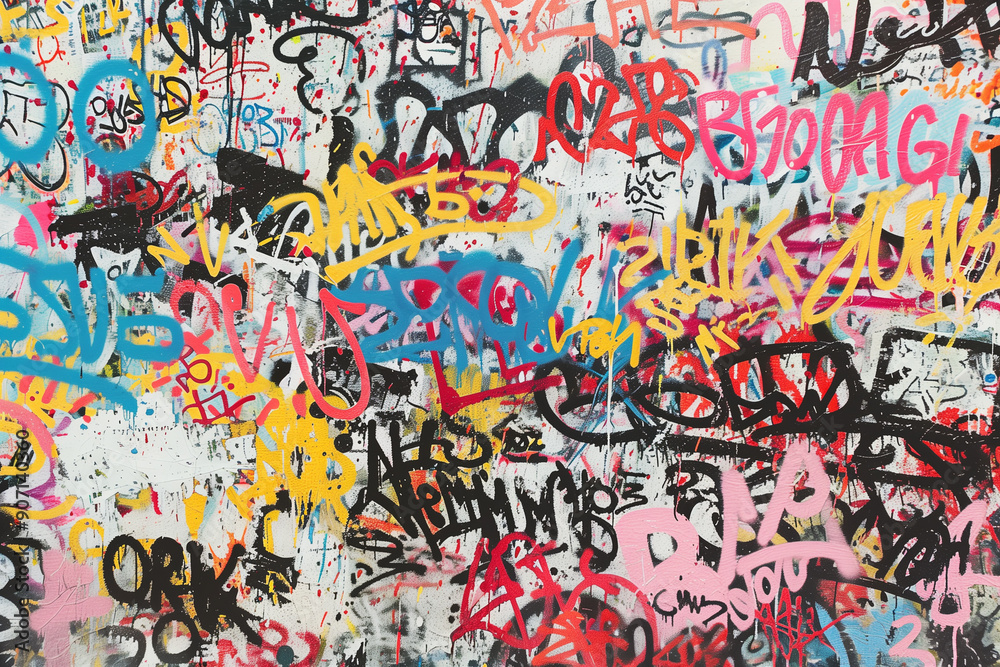 Obraz premium an urban wall covered in graffiti of various colors in a mix of writings and abstract designs, with overlapping letters in different sizes and styles in a chaos of colors 