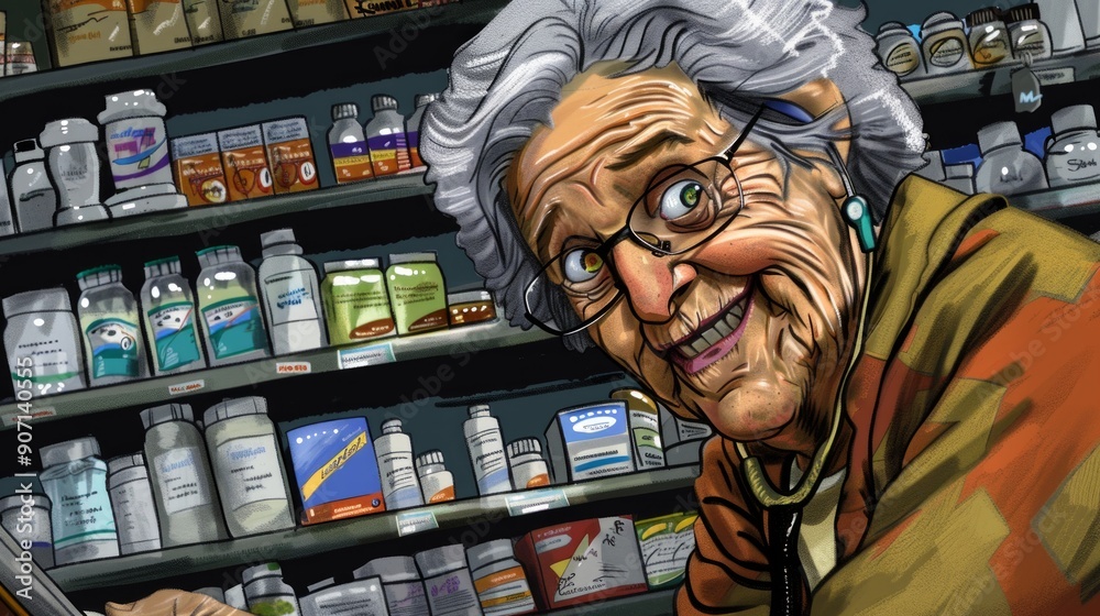 elderly woman with a mischievous grin takes her blood pressure at the pharmacy, surrounded by shelves of various medications. elderly woman with a mischievous grin takes her blood pressure at the pharmacy, surrounded by shelves of various medications.