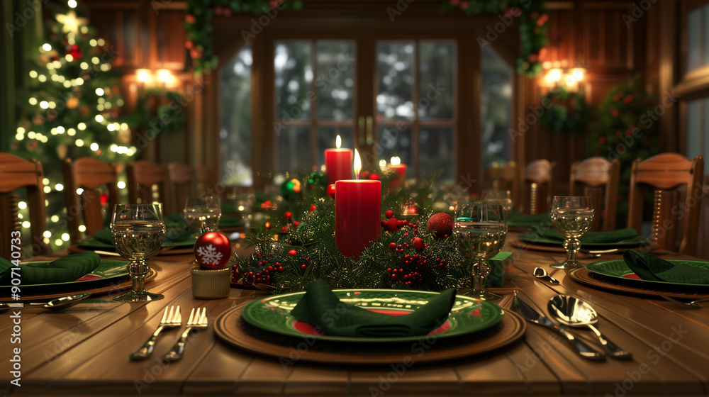 A beautifully decorated Christmas dinner table with red candles, green plates, and festive ornaments, creating a cozy holiday atmosphere. Perfect for holiday gatherings A beautifully decorated Christmas dinner table with red candles, green plates, and festive ornaments, creating a cozy holiday atmosphere. Perfect for holiday gatherings