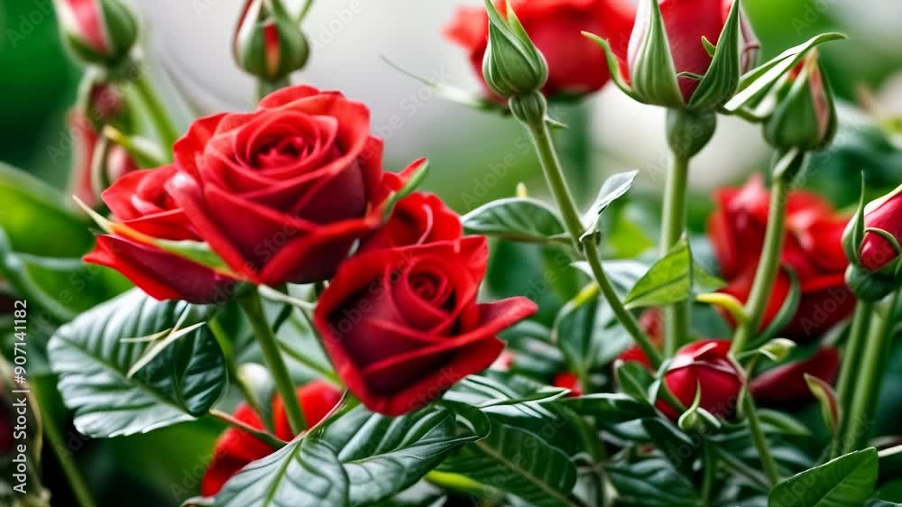 Beautiful red roses flourish among vibrant green leaves in a serene garden setting