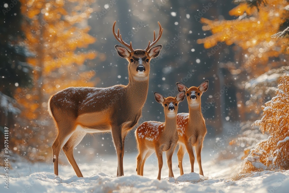 High-Resolution Winter Forest Scene with Deer and Roe Deer Family Standing Together in the Front View, Captured During Snowfall
High-Resolution Winter Forest Scene with Deer and Roe Deer Family Standing Together in the Front View, Captured During Snowfall