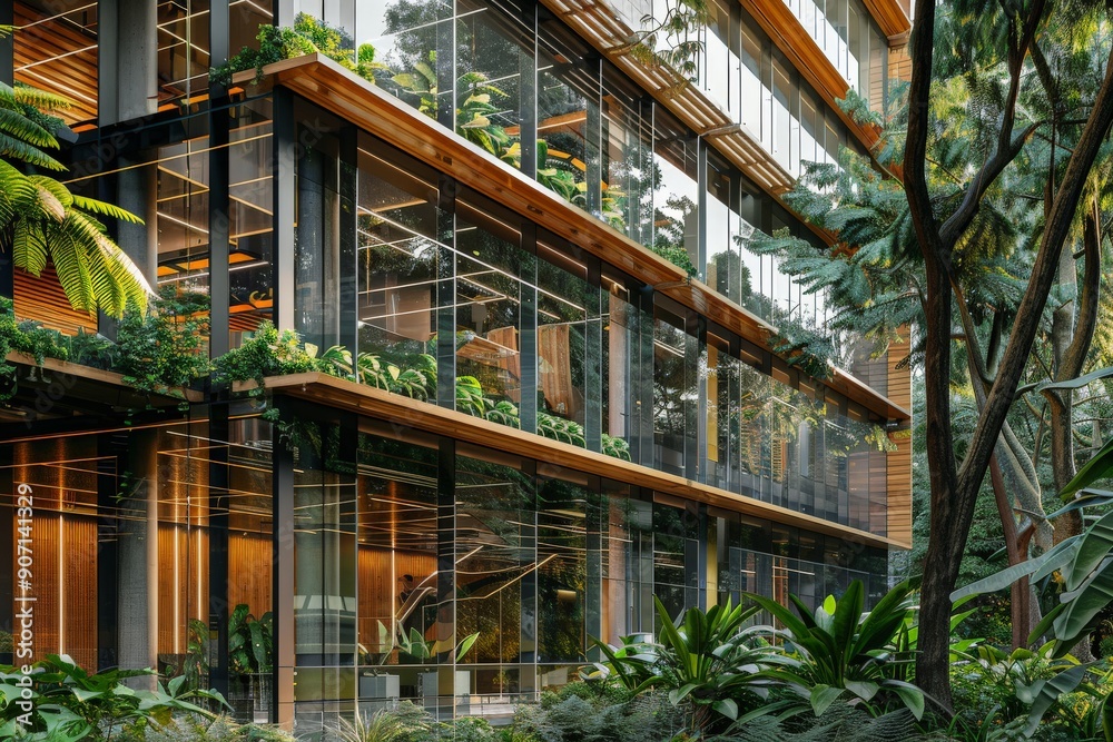A contemporary multi-story building with an impressive use of glass and wood elements, nestled in abundant greenery reflecting a seamless blend of nature and urban life.