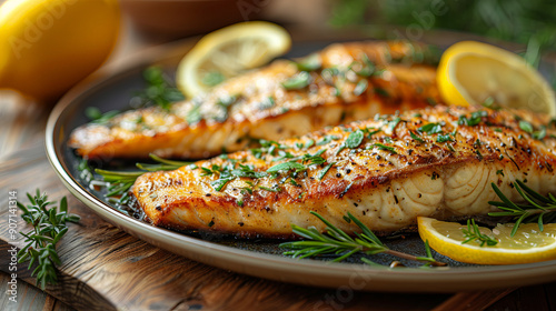 Plate of crispy fried fish cooked coconut oil, served lemon slices herbs, wooden table setting photo