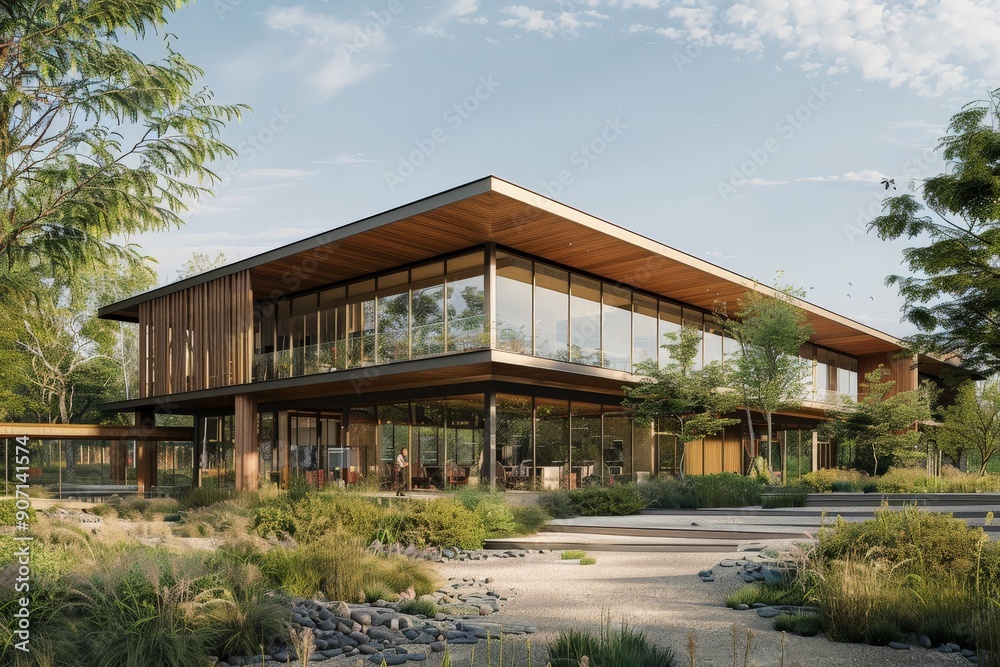 This image showcases a spacious, modern building with expansive glass windows, seamlessly blending with its lush, natural setting, emphasizing harmony between architecture and nature. This image showcases a spacious, modern building with expansive glass windows, seamlessly blending with its lush, natural setting, emphasizing harmony between architecture and nature.