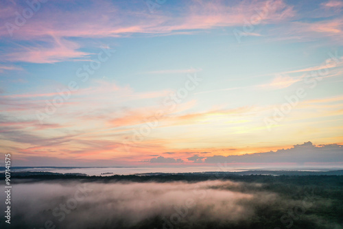 Boothbay Harbor West at sunset in Summer with a foggy mist aerial drone