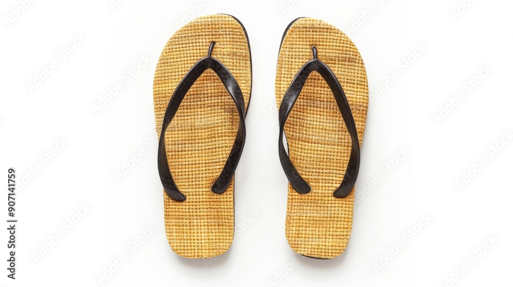 Yellow flip-flops with black straps and a textured pattern, combining simplicity and contrast for a modern look, ideal for casual, everyday use under the sun. Yellow flip-flops with black straps and a textured pattern, combining simplicity and contrast for a modern look, ideal for casual, everyday use under the sun.