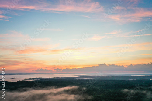 Boothbay Harbor West at sunset in Summer with a foggy mist aerial drone