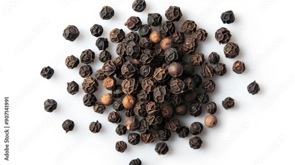 A close-up view of black peppercorns scattered on a white surface, emphasizing their textured outer layers and dark coloration, essential for adding flavor to dishes. A close-up view of black peppercorns scattered on a white surface, emphasizing their textured outer layers and dark coloration, essential for adding flavor to dishes.