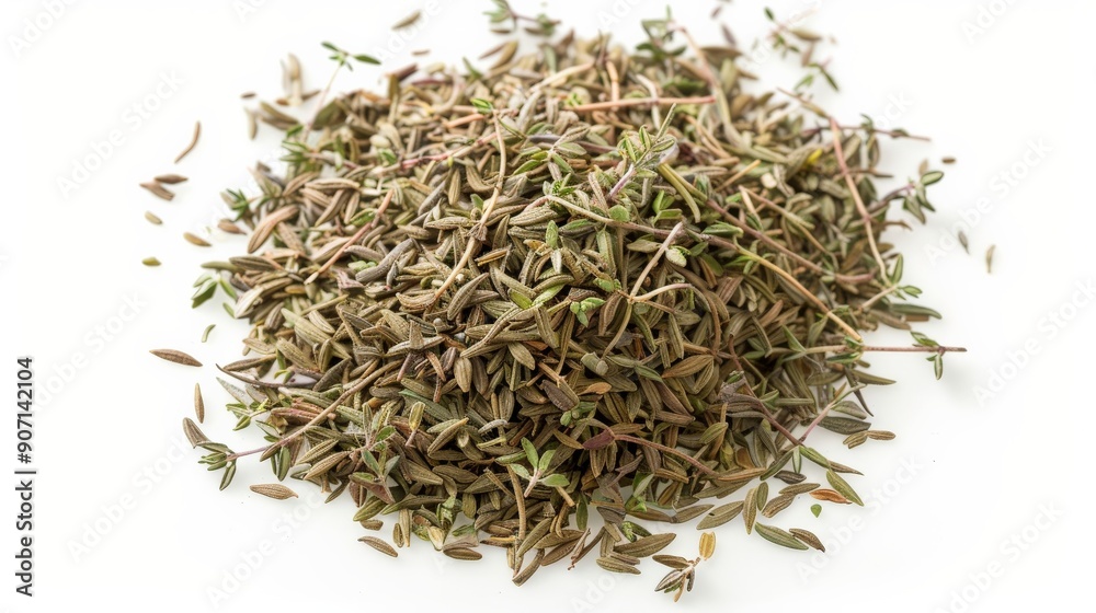 This image captures a pile of dried thyme herbs isolated on a white background, highlighting their dried, delicate leaves and stems, commonly used in culinary seasoning. This image captures a pile of dried thyme herbs isolated on a white background, highlighting their dried, delicate leaves and stems, commonly used in culinary seasoning.