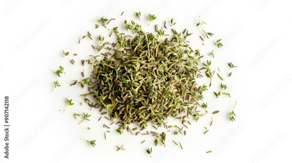 A pile of dried thyme scattered loosely on a white background, highlighting its fine texture and aromatic qualities, perfect for use in various culinary dishes and recipes. A pile of dried thyme scattered loosely on a white background, highlighting its fine texture and aromatic qualities, perfect for use in various culinary dishes and recipes.