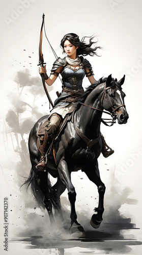 Classic Japanese Female Archer Riding Horse in Watercolor Ink Drawing